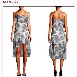 Ali & Jay women’s flounced floral gown gray / pink hi-low zip back dress sz L